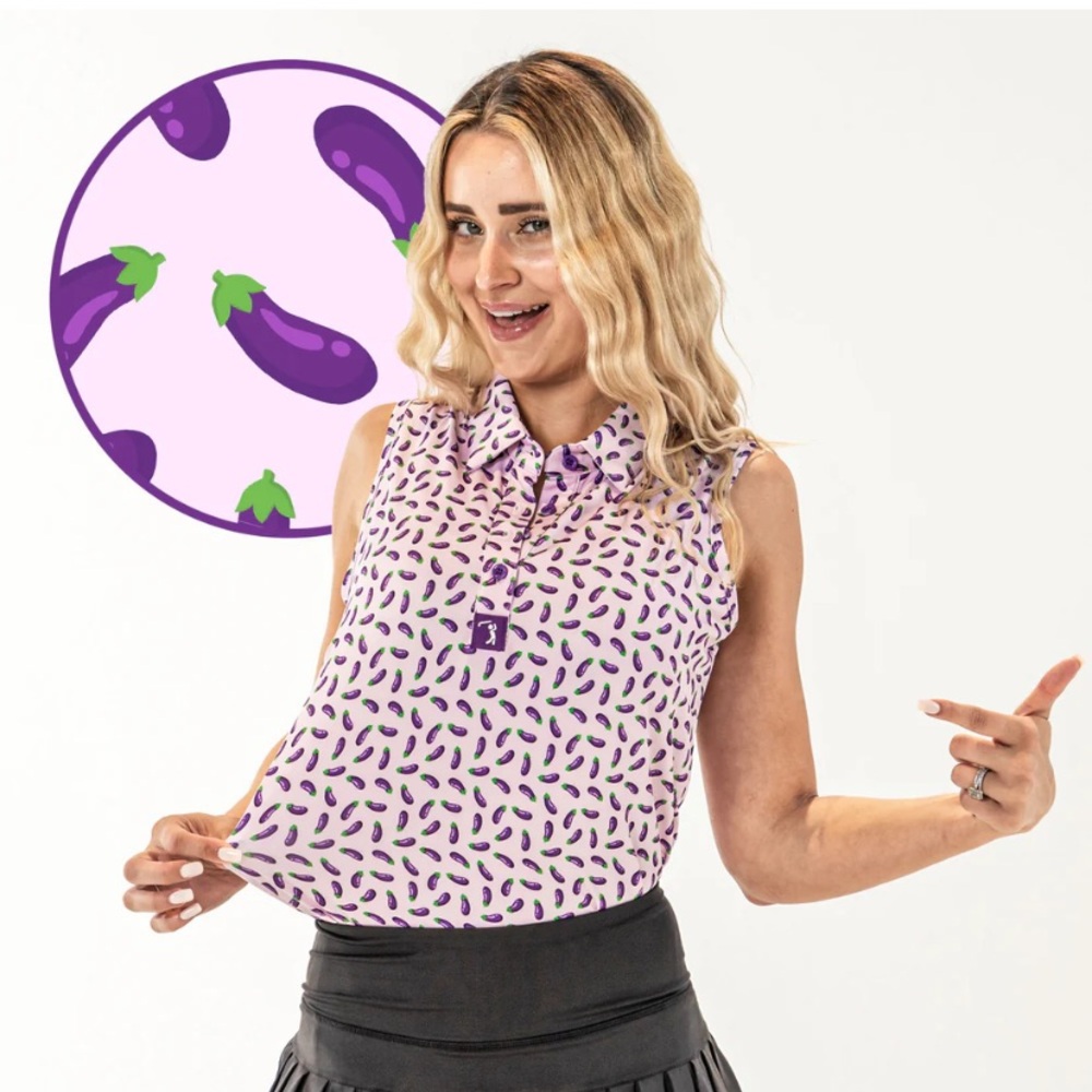 Bogey Bros Purple Eggplant Emoji Sleeveless Polo Shirt Large